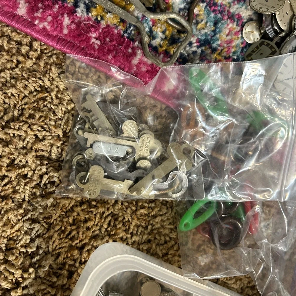 HUGE LOT vintage keys brooches watch parts belt buckles for crafts art jewelry